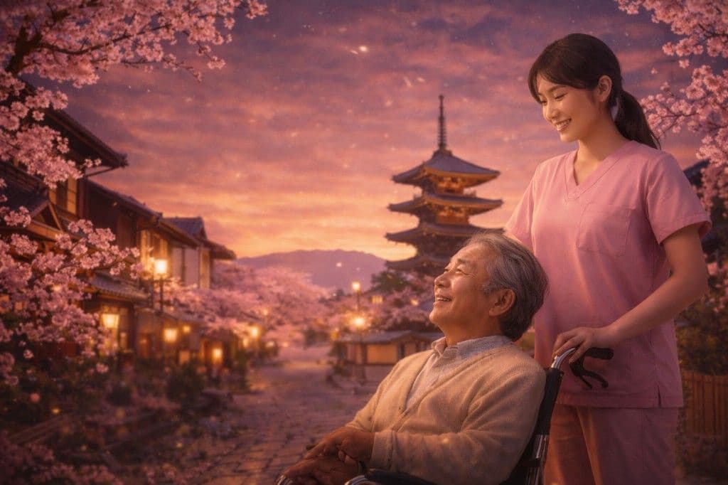 夕暮れの京都の街並みと桜を背景に、笑顔で寄り添う女性介護士と車椅子の高齢男性|特定技能介護・外国人採用を支援する東京法務パートナーズ行政書士
