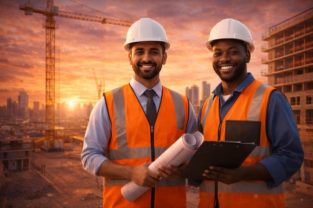 夕暮れの建設現場でヘルメットと安全ベストを着用し、図面とクリップボードを持つ外国人建設プロフェッショナル|技人国・建設業採用を支援する東京法務パートナーズ行政書士